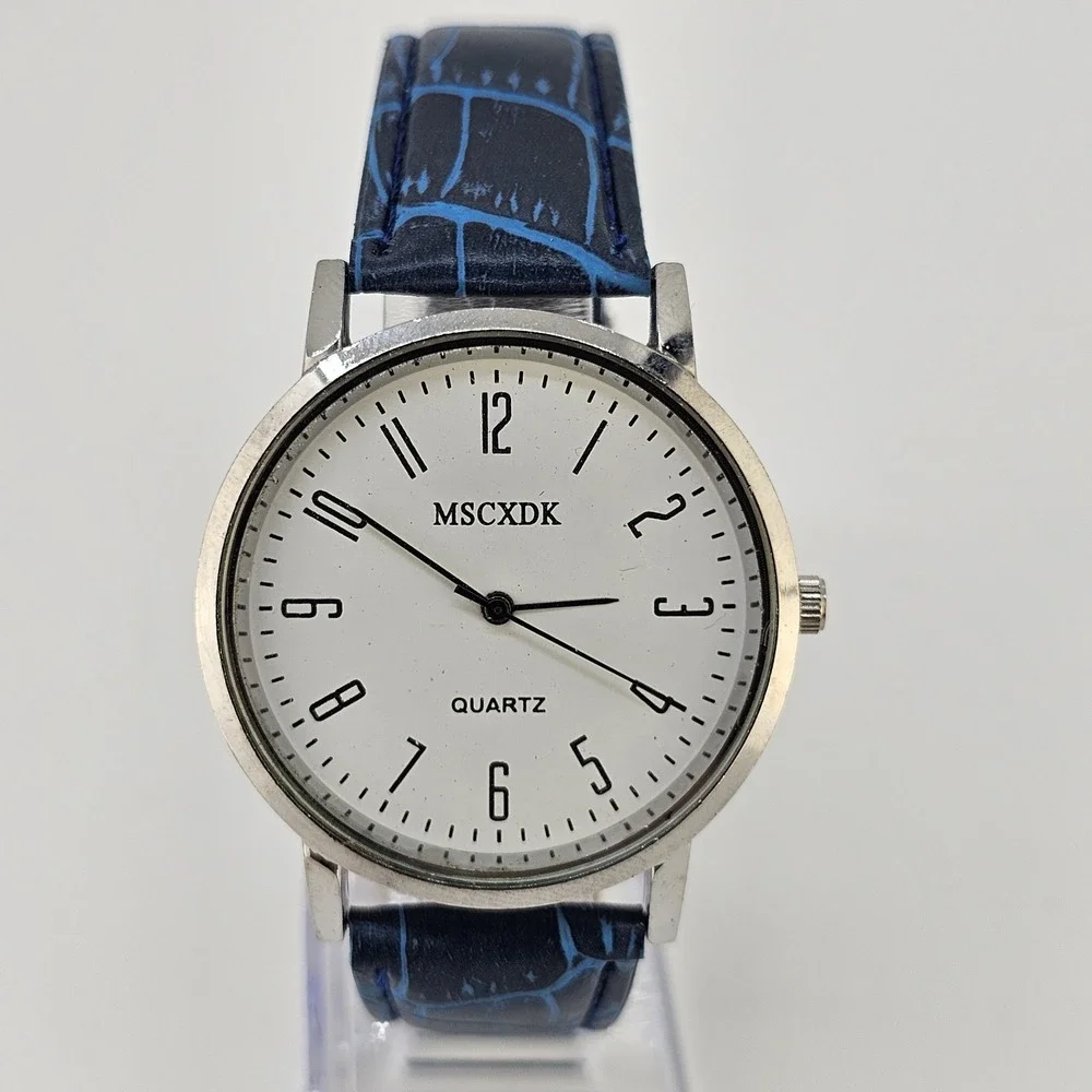Men's Analog Easy Read Watch 40MM White Dial Blue Faux Leather Bands New Battery